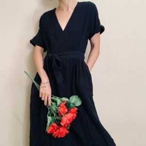 Marine Layer Valencia Gauzy Black Midi Wrap Dress Size XS